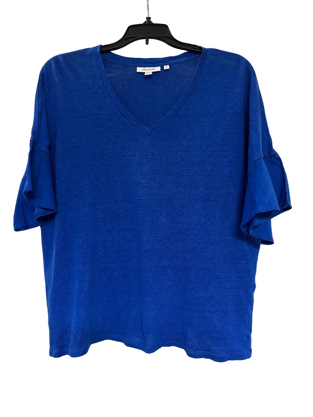 Chico’s Size 2 L Cobalt Blue 100% Linen V-Neck Top Ruffle Bell Sleeve Boho